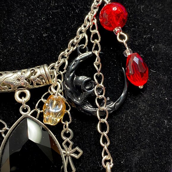 Goth Girl Trendy Charm Necklace Pagan--Witchy Vibes--Silver Bat Red Coffin - Picture 4 of 6